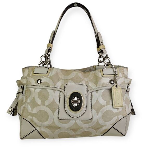 Coach Cream Genuine Leather CC Signature Canvas Shoulder Bag Tote Bag Pusre - Picture 2 of 13